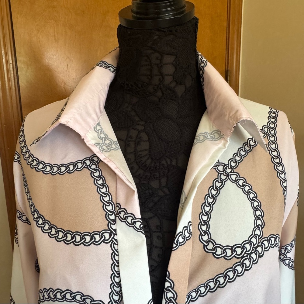 Vintage Beige White Pink Black Cotton Chain Pattern Tailored Blouse XL - Picture 4 of 11